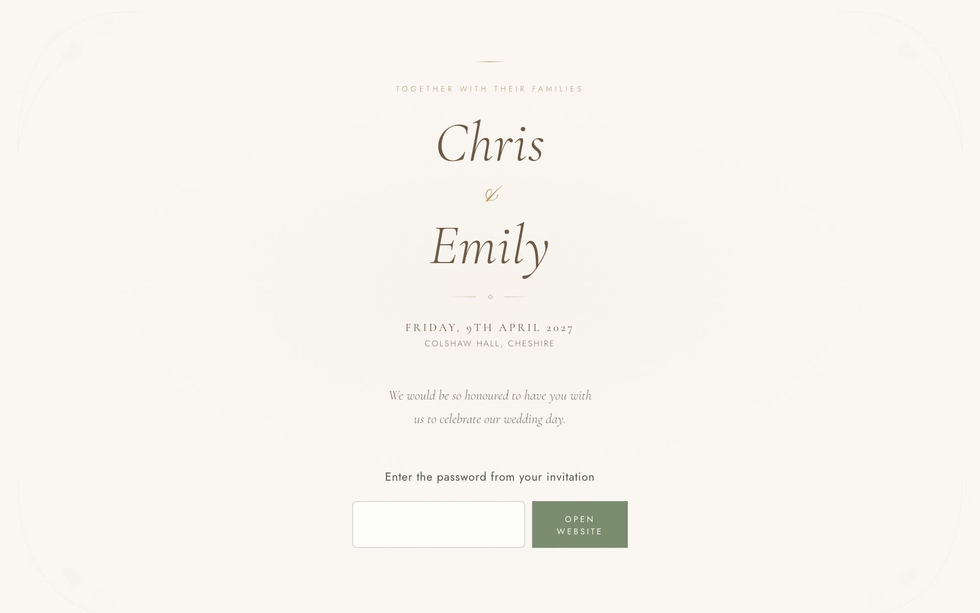 Chris & Emily's wedding website at theberrywedding2027.co.uk