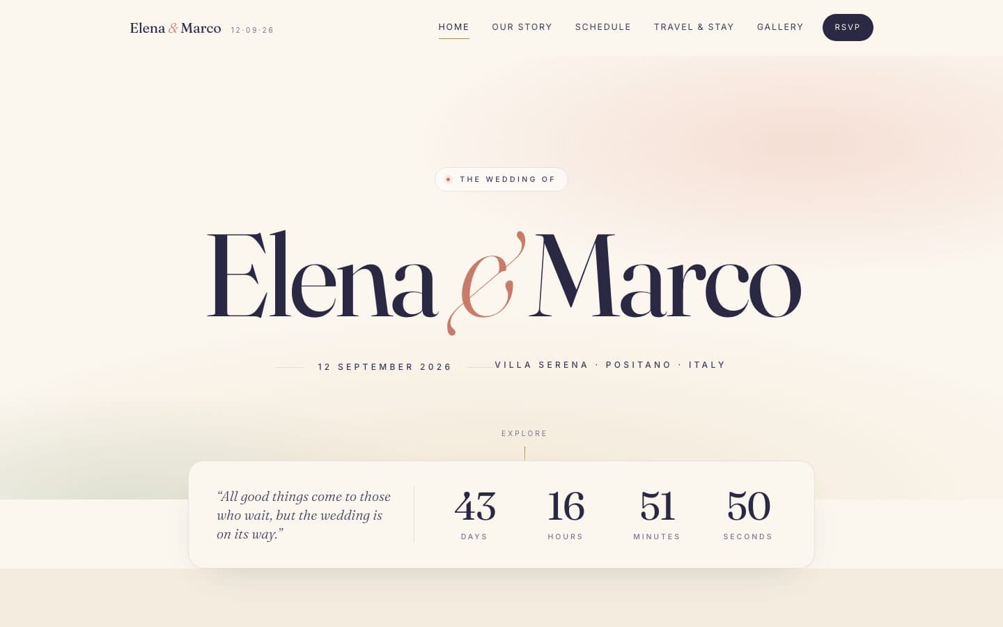 Coastal Riviera sample wedding website, desktop view