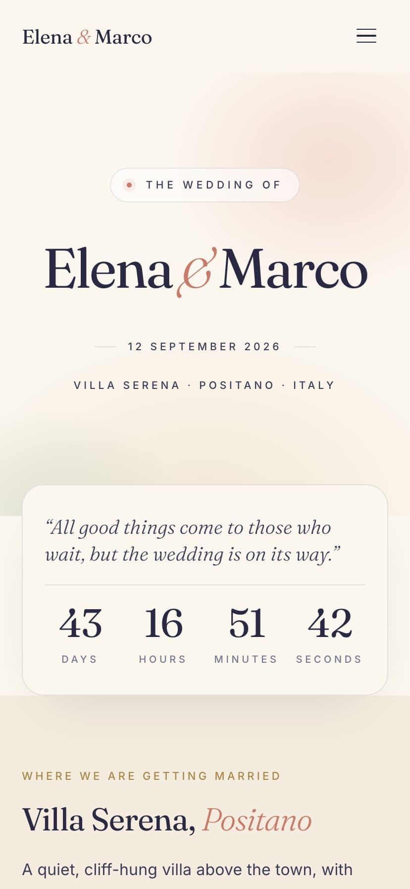 Coastal Riviera sample wedding website, mobile view